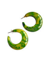 Load image into Gallery viewer, 1940s Bright Green and Yellow Marbled Bakelite Hoop Earrings
