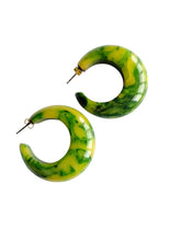 Load image into Gallery viewer, 1940s Bright Green and Yellow Marbled Bakelite Hoop Earrings
