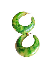 Load image into Gallery viewer, 1940s Bright Green and Yellow Marbled Bakelite Hoop Earrings
