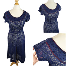 Load image into Gallery viewer, Late 1940s Navy Blue Lace Dress With Purple Trim
