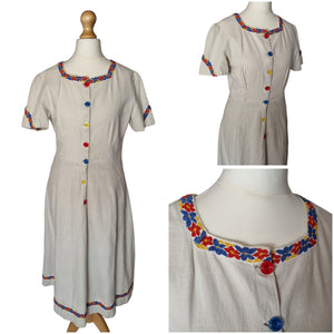 1940s Thick Cream Linen Dress With Red, Yellow and Blue Detail