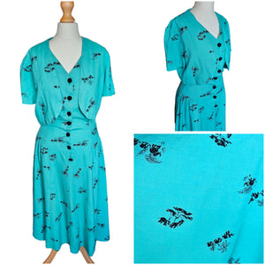 1940s Turquoise Blue Elephant Print Sun Dress and Bolero Set