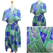 Load image into Gallery viewer, 1940s Blue/Purple and Green Tile Print Silk Dress
