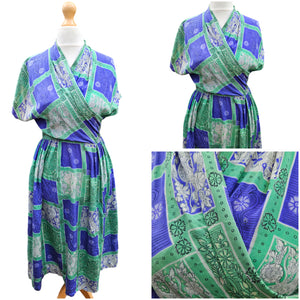 1940s Blue/Purple and Green Tile Print Silk Dress