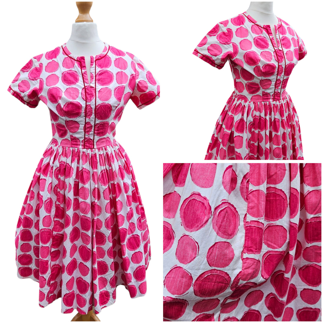 1950s Pink and White Circle Print Dress