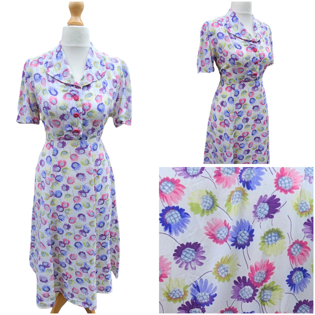 1940s White Dress With Chartreuse, Pink and Purple Flowers