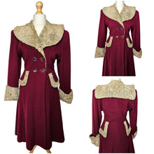 Load image into Gallery viewer, 1940s Raspberry Red and Grey/Beige Fur Trim Princess Coat
