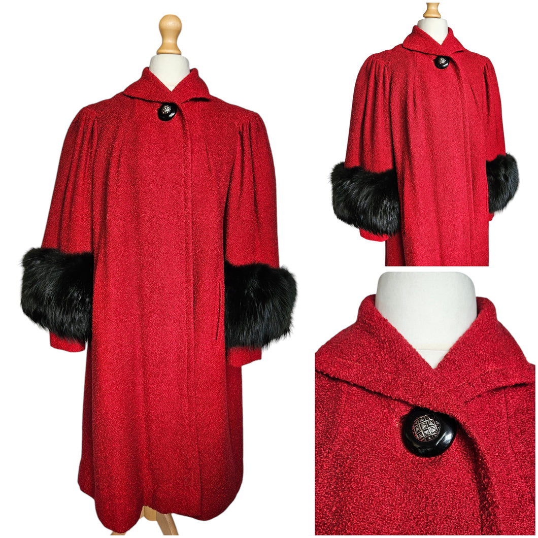 Late 1940s Red Swing Coat With Black Fur Cuffs