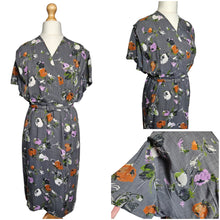 Load image into Gallery viewer, Late 1940s Lilac, Black, White and Orange Floral Dress
