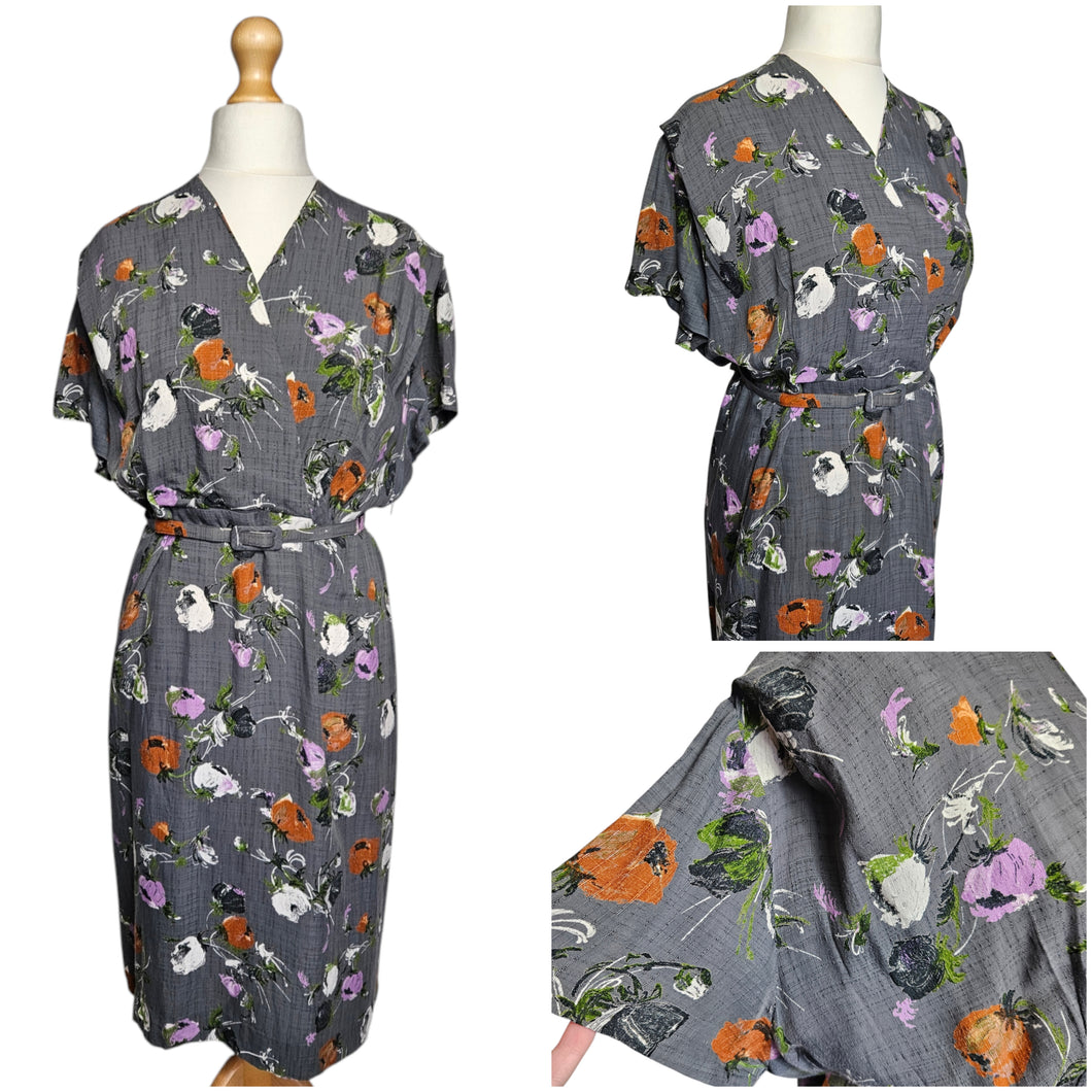 Late 1940s Lilac, Black, White and Orange Floral Dress