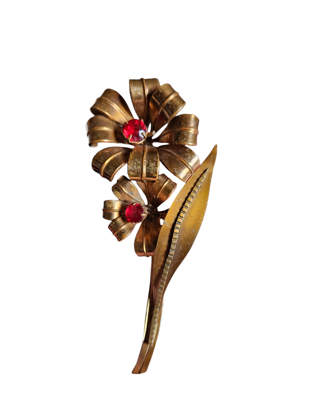 1940s Huge Gold Tone Red Glass Flower Brooch