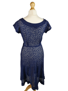 Late 1940s Navy Blue Lace Dress With Purple Trim