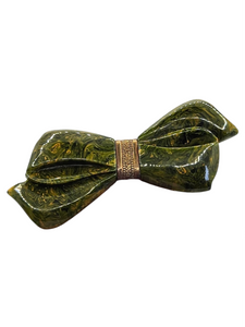 1940s Carved Marbled Green Bakelite and Metal Bow Brooch