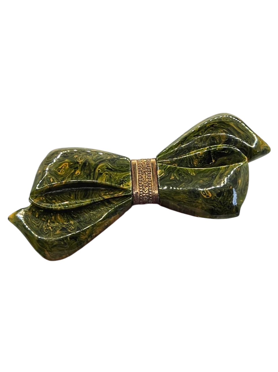 1940s Carved Marbled Green Bakelite and Metal Bow Brooch