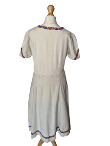 1940s Thick Cream Linen Dress With Red, Yellow and Blue Detail