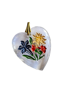 1940s Reverse Carved Edelweiss Alpine Flower Glass Heart Drop/Pendant