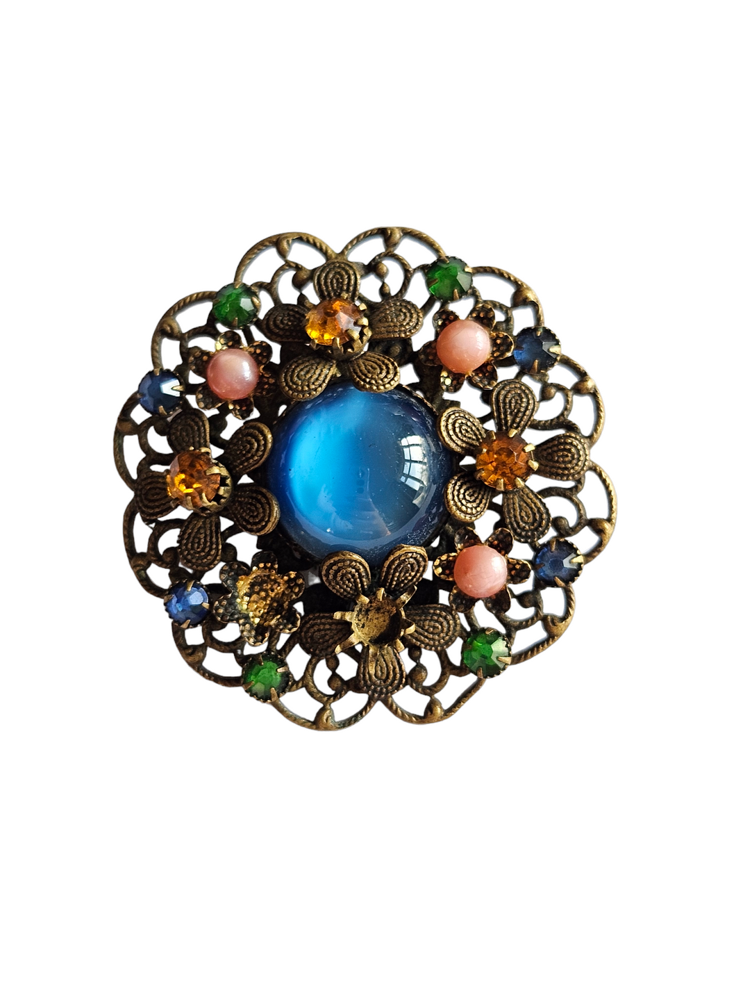 1930s Bright Glass and Filigree Czech Flower Brooch