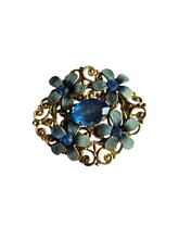 Load image into Gallery viewer, 1930s Czech Blue Glass Enamel Flower Brooch
