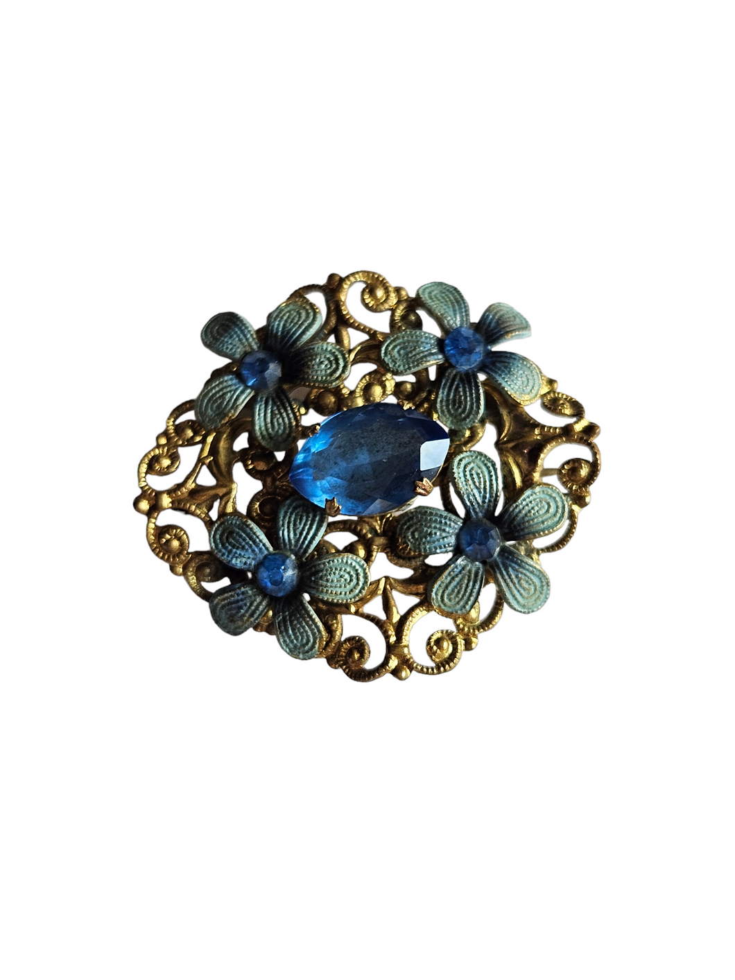 1930s Czech Blue Glass Enamel Flower Brooch