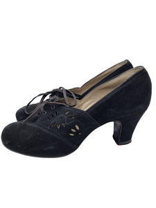 1940s Black Suede Cut Out Shoes