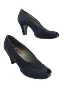 1940s Navy Suede Peep Toe Court Shoes