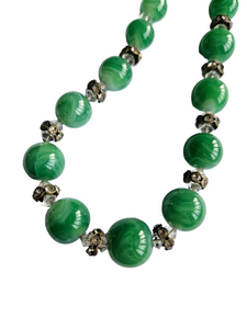 1930s Deco Green Marbled Glass and Rhinestone Necklace