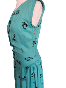 1940s Turquoise Blue Elephant Print Sun Dress and Bolero Set