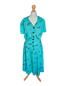 1940s Turquoise Blue Elephant Print Sun Dress and Bolero Set