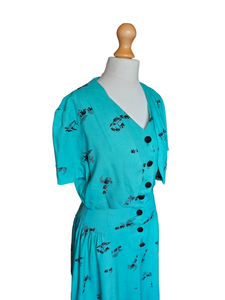 1940s Turquoise Blue Elephant Print Sun Dress and Bolero Set