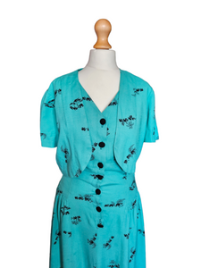 1940s Turquoise Blue Elephant Print Sun Dress and Bolero Set