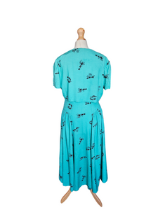 1940s Turquoise Blue Elephant Print Sun Dress and Bolero Set