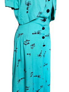 1940s Turquoise Blue Elephant Print Sun Dress and Bolero Set