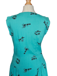 1940s Turquoise Blue Elephant Print Sun Dress and Bolero Set