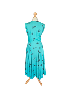 1940s Turquoise Blue Elephant Print Sun Dress and Bolero Set