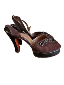 1940s Brown Suede and Leather Flower Platform Shoes