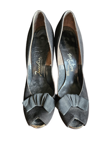 1950s Black Fabric Bow Peep Toe Shoes