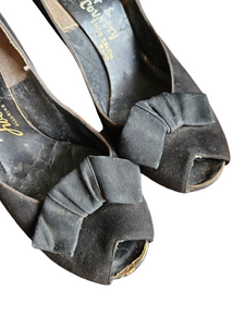 1950s Black Fabric Bow Peep Toe Shoes