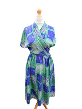 Load image into Gallery viewer, 1940s Blue/Purple and Green Tile Print Silk Dress
