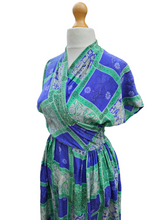 Load image into Gallery viewer, 1940s Blue/Purple and Green Tile Print Silk Dress
