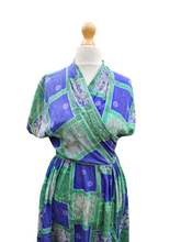 Load image into Gallery viewer, 1940s Blue/Purple and Green Tile Print Silk Dress
