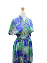 Load image into Gallery viewer, 1940s Blue/Purple and Green Tile Print Silk Dress
