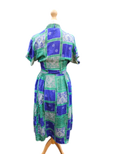 Load image into Gallery viewer, 1940s Blue/Purple and Green Tile Print Silk Dress
