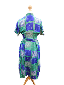 1940s Blue/Purple and Green Tile Print Silk Dress