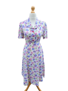 1940s White Dress With Chartreuse, Pink and Purple Flowers