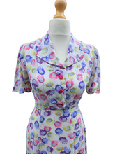 Load image into Gallery viewer, 1940s White Dress With Chartreuse, Pink and Purple Flowers
