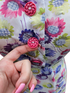 1940s White Dress With Chartreuse, Pink and Purple Flowers