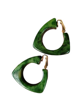 Load image into Gallery viewer, 1940s Green Marbled Bakelite Triangle Hoop Earrings
