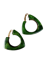 Load image into Gallery viewer, 1940s Green Marbled Bakelite Triangle Hoop Earrings
