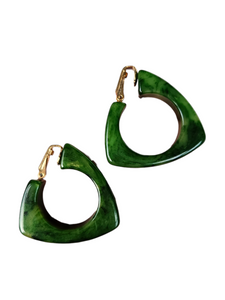 1940s Green Marbled Bakelite Triangle Hoop Earrings