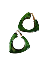 Load image into Gallery viewer, 1940s Green Marbled Bakelite Triangle Hoop Earrings
